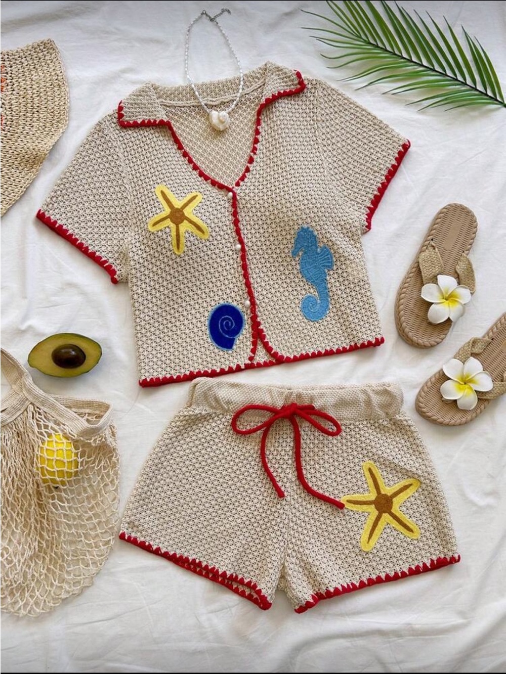 Beige Knit Starfish Two-Piece Coverup Set
